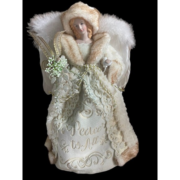 NewHOLIDAY LANE 10 Light Angel Tree Topper w Cream & Gold Dress w "Peace to All” - Picture 2 of 2